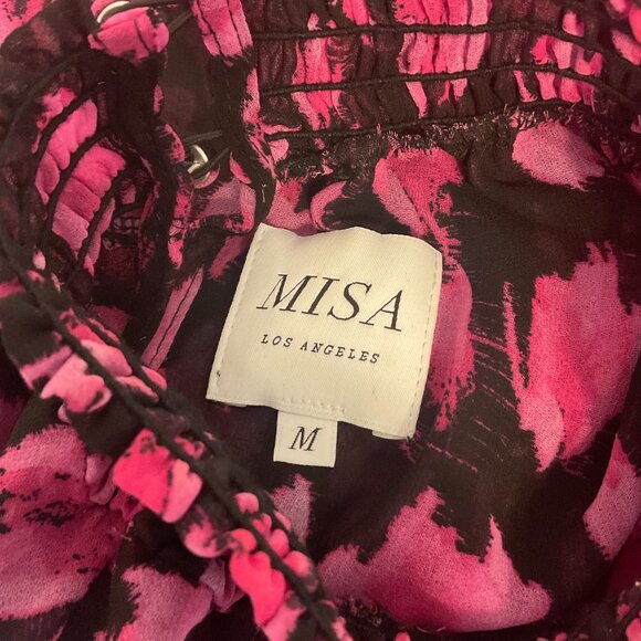 Misa Dress M Black Pink Print Gathered Neck Sleeves Waist Ruffle Long Semi-Sheer - Picture 13 of 13